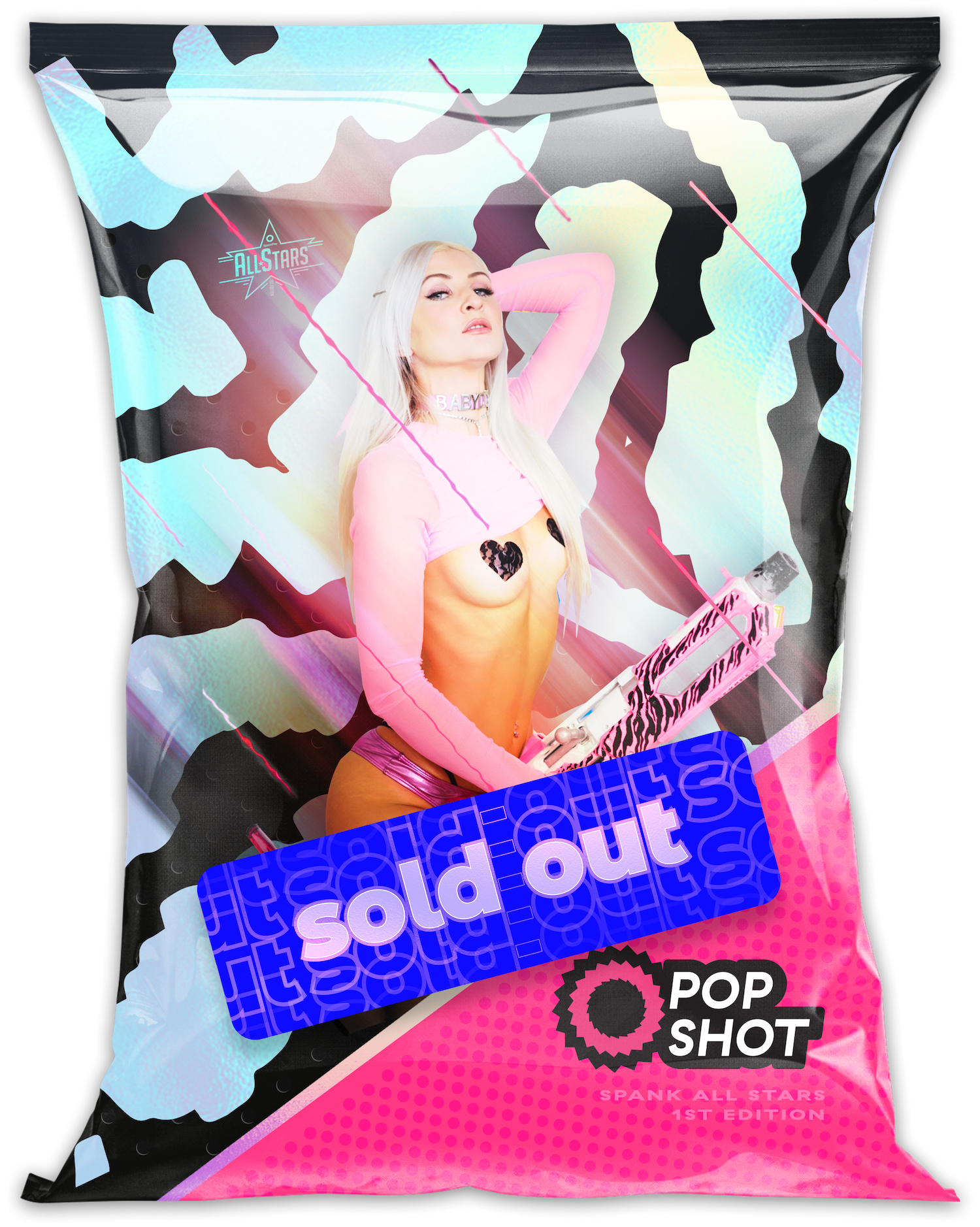 Shiny metallic packaging with Pop Shot logo and model serenity sky wearing black heart nipple stickers