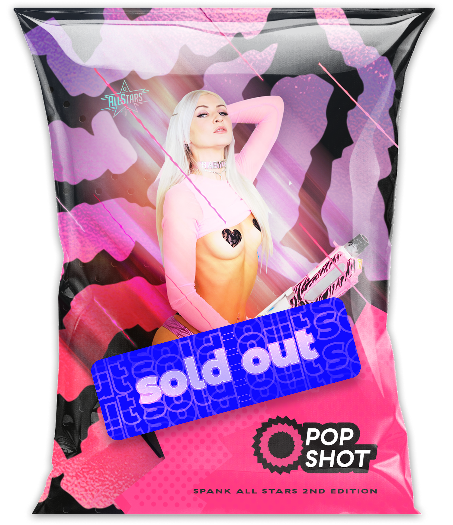 Shiny metallic packaging with Pop Shot logo and model serenity sky wearing black heart nipple stickers